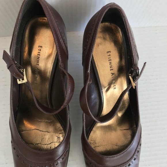 Sabots Femme Etienne Aigner En Cuir Marron - Talons Hauts Style Mocassin Taille 7 US